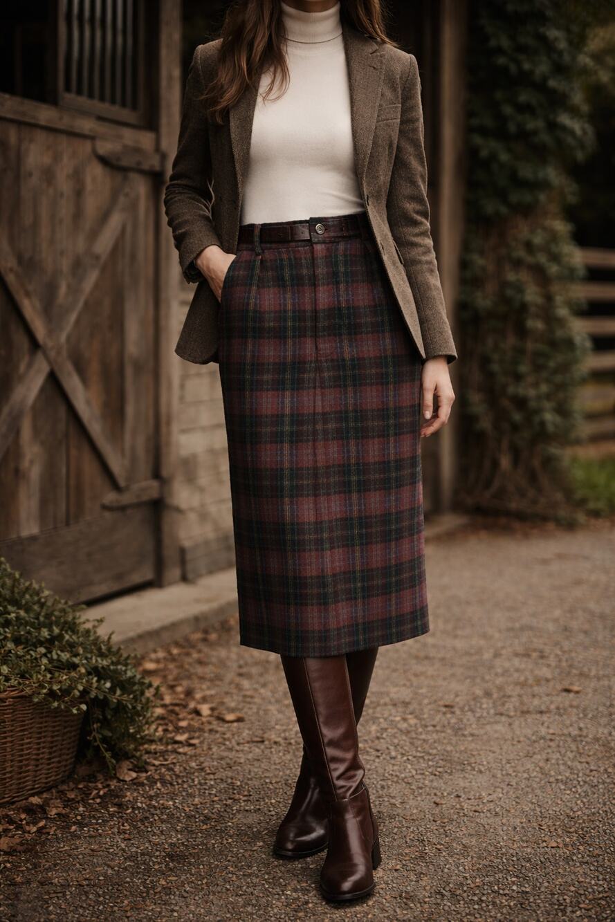 Vintage Ralph Lauren Wool Plaid Midi Skirt USA Made Burgundy Green Size 12